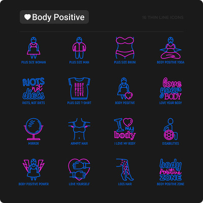 Body positive thin line icons set: woman plus size