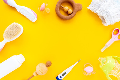 Set for children's hygiene on a yellow background,