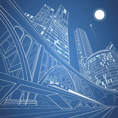 火车在路上行驶，夜幕下的城市，背景是桥梁
