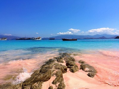 美丽的粉红色海滩和蓝色清澈的水来自科莫多岛(科莫多国家公园)，纳闽巴霍，弗洛雷斯，印度尼西亚