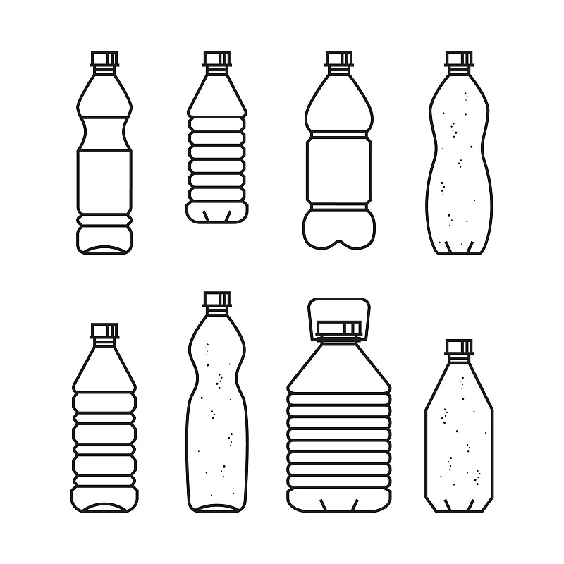 纯净的饮用水。线矢量插图的一套塑料瓶