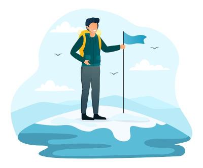 笑容可掬的登山运动员爬在岩石上