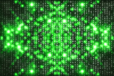 绿色矩阵数字背景。抽象的网络空间的概念。人物倒了。来自符号流的矩阵。虚拟现实设计。复杂的算法数据黑客