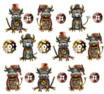 蒸汽朋克风格的可爱公牛水彩图案。新年背景是2021年的东方象征。为圣诞图案设计和装饰的日历，贺卡。