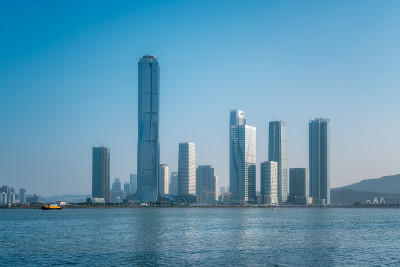 航拍珠海横琴金融岛上的现代建筑