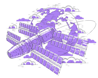 绕地球轨道飞行的空间站，装有太阳能电池板的宇宙飞船，人造卫星。细线三维矢量插图。