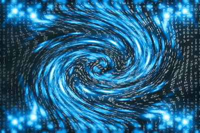 蓝色矩阵数字背景。扭曲的网络空间的概念。人物落入虫洞。入侵矩阵。虚拟现实设计。复杂的算法数据黑客。青