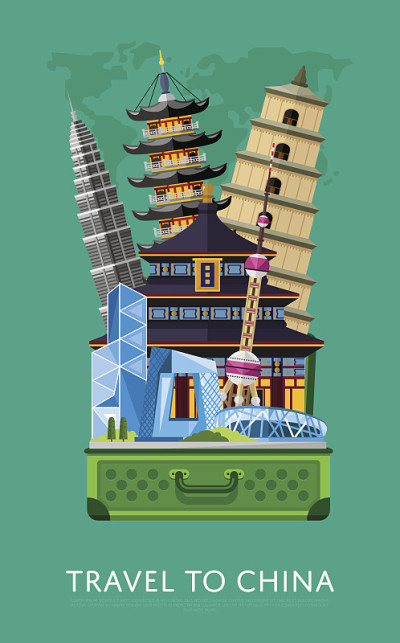 旅游中国旗帜与著名的建筑