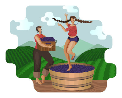 两个美丽的女人正在用àeet传统的方法压碎葡萄，同时在木桶中跳舞