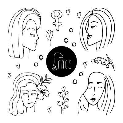 涂鸦上有女人的面孔。国际妇女节。女权主义的概念设计。矢量插图的卡片，海报，现代设计。