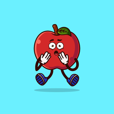 可爱的苹果角色和震惊的手势。水果人物图标概念孤立。Emoji贴纸。平面卡通风格