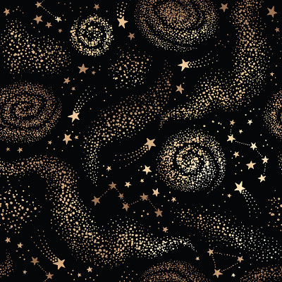 Galaxy seamless black pattern with gold nebula, co