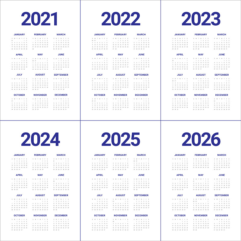 Year 2021 2022 2023 2024 2025 2026 calendar vector