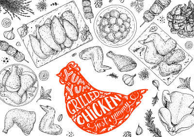 鸡肉。烤鸡和炸鸡。手绘草图插图。烤鸡肉顶视图框架。矢量插图。雕刻设计。餐厅菜单设计模板。