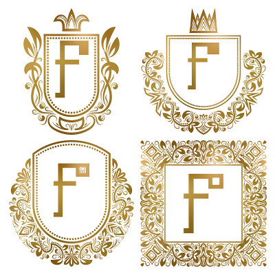 黄金古董组合。有字母F的纹章标志。