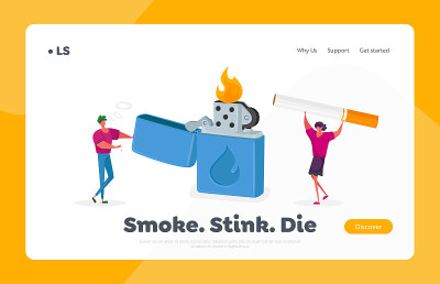 小角色享受吸烟上瘾登陆页面模板。人们用巨大的打火机点燃香烟