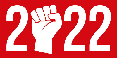 2022年，以社会冲突为概念的贺卡，红色背景上有举起的拳头的象征。