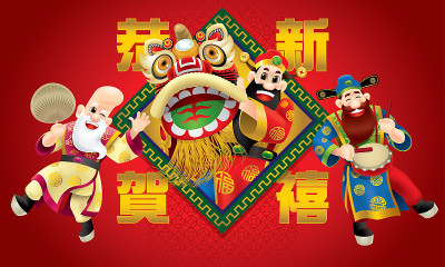Three cute Chinese gods (represent long life, weal