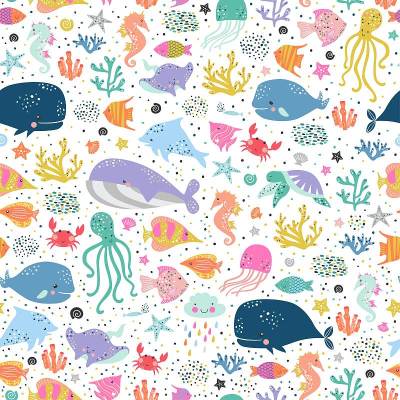 海洋生物可爱的矢量图案。