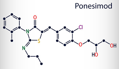 Ponesimod，实验性抗炎药物分子。多发性硬化症和银屑病的治疗。骨骼的化学公式