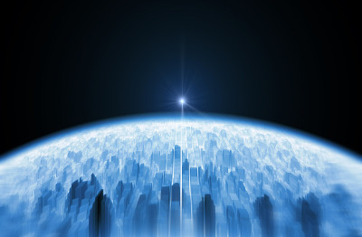 元宇宙建筑城市在蓝色背景技术概念，3d渲染