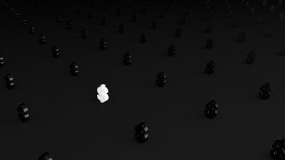 3 d渲染。发光的白色货币符号被许多黑色货币符号包围着。醒目的白色钱币象征。发光的白色货币符号，孤立