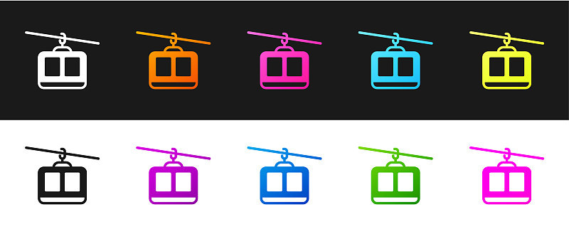 Set Cable car icon isolated on black and white bac