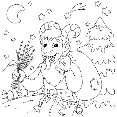 圣诞Krampus。儿童涂色书页。卡通风格的角色。矢量插图孤立在白色背景上。