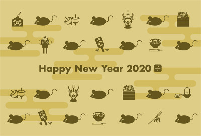 2020年贺年卡。鼠年，鼠年。鼠标和日本文化图标的插图。