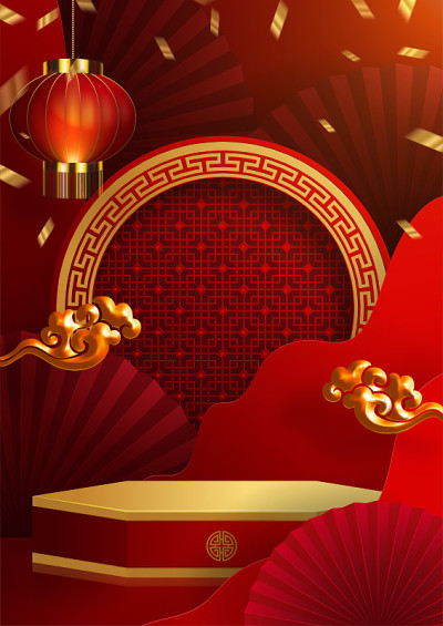 3d讲台圆形、方盒舞台讲台和纸艺术中国新年、中国节日、中秋节、红剪纸、扇子、鲜花和亚洲元素与工艺风格