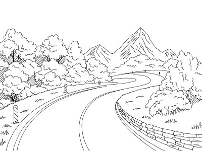 山道图形黑白景观素描插图矢量