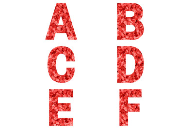 字母a、b、c、d、e、f由红色五彩纸屑制成背景。