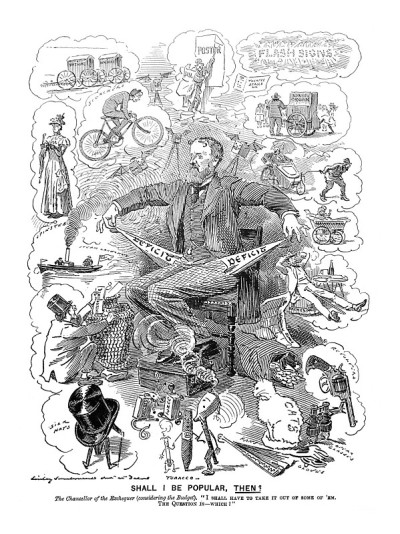 英国讽刺漫画卡通插图-财政大臣考虑预算和赤字-插图