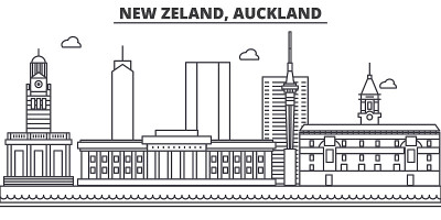 新西兰，奥克兰建筑线天际线插图。线性向量的城市景观与著名的地标，城市景观，设计图标。风景与可编辑的笔