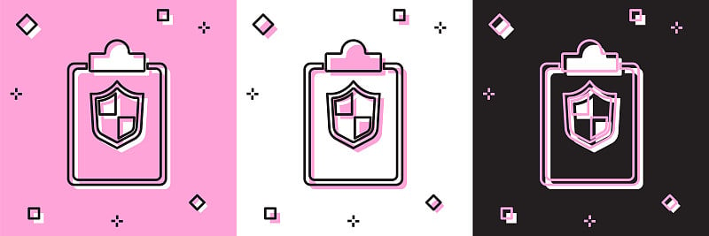 Set Document with shield icon isolated on pink and