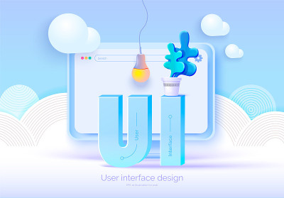 模型3D显示器与用户界面元素为网页设计软件创造者。用户界面，用户体验设计。一组用于创建UI和UX的工