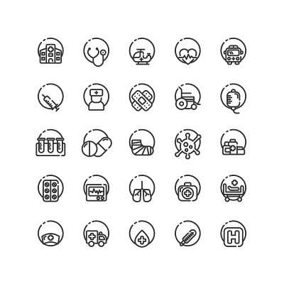 医院轮廓图标集。向量和插图。