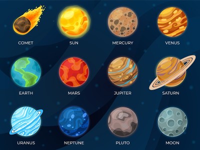 太阳系行星。天文科学，星系太阳圆。卡通月球地球金星小行星，宇宙或宇宙近期矢量收集