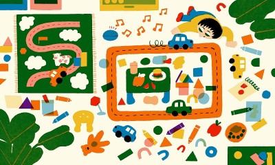 孩子玩积木和汽车插图