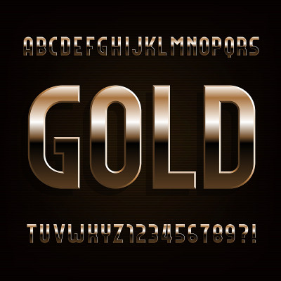 黄金字母字体。斜切的金属字母。