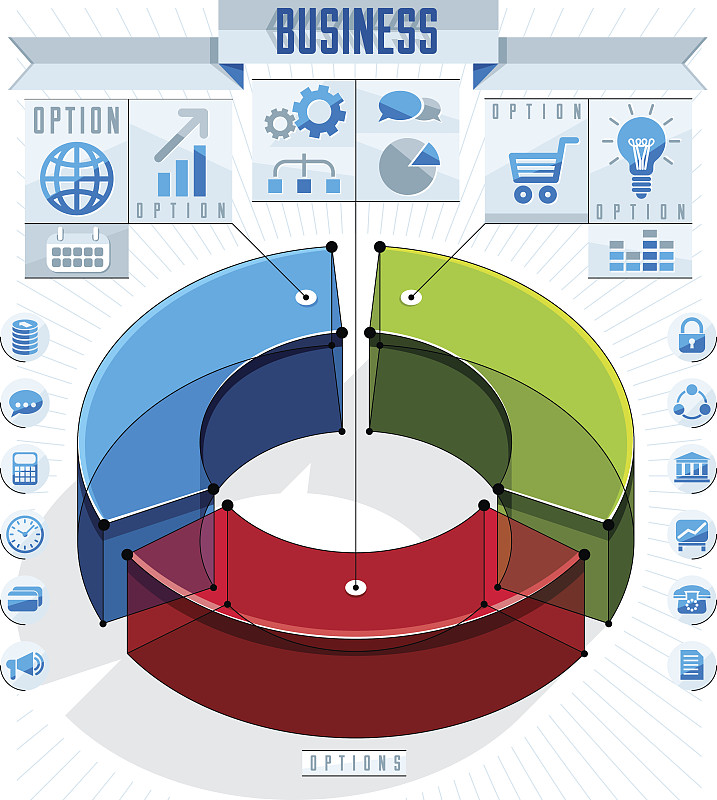 创意信息图模板，三个扇形3d圆的想法
