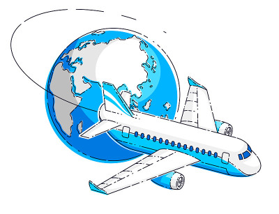 飞机客机与地球行星，航空公司航空旅行的标志或插图。美丽的细线矢量孤立在白色的背景。