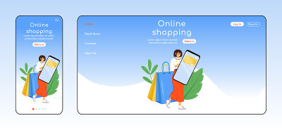 网上购物自适应登陆页面平面颜色矢量模板。互联网商店移动和PC主页布局。市场一页网站UI。电子商务网页