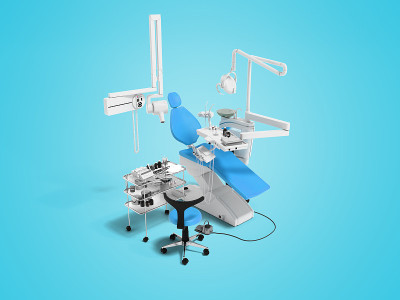 现代蓝色牙科椅子和床头柜的工具和器具牙科透视3d渲染与阴影的蓝色背景