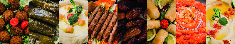中东传统美食拼贴包括沙拉三明治、豆蔻、鹰嘴豆泥、清真烤肉、椰枣、Muajjanat Sabanej、