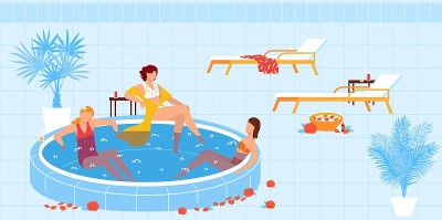 温泉度假，游泳池矢量插图，卡通扁女人人物在泳衣游泳与花瓣