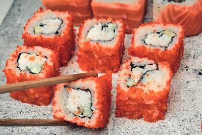 Traditional Japanese food, sushi and rolls. Ginger