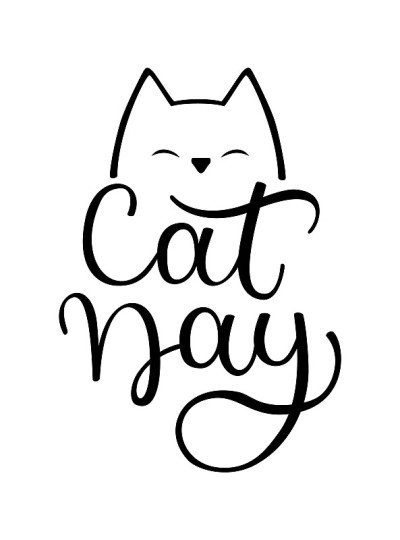 猫一天。手绘矢量标志与猫头孤立在白色的背景。