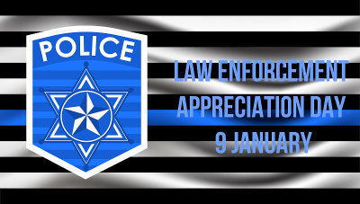 在美国，每年的1月9日是执法赏识日。警察部门的徽章，治安官的盾显示。平面矢量与传单，网，横幅，徽章