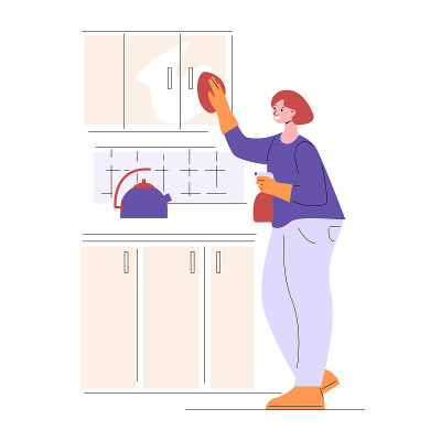 打扫厨房。年轻女子洗家具。平面风格的矢量插图。